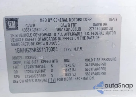 2009 Chevrolet Express 3500 Ls from USA, damaged, VIN 1GNHG35K391179384